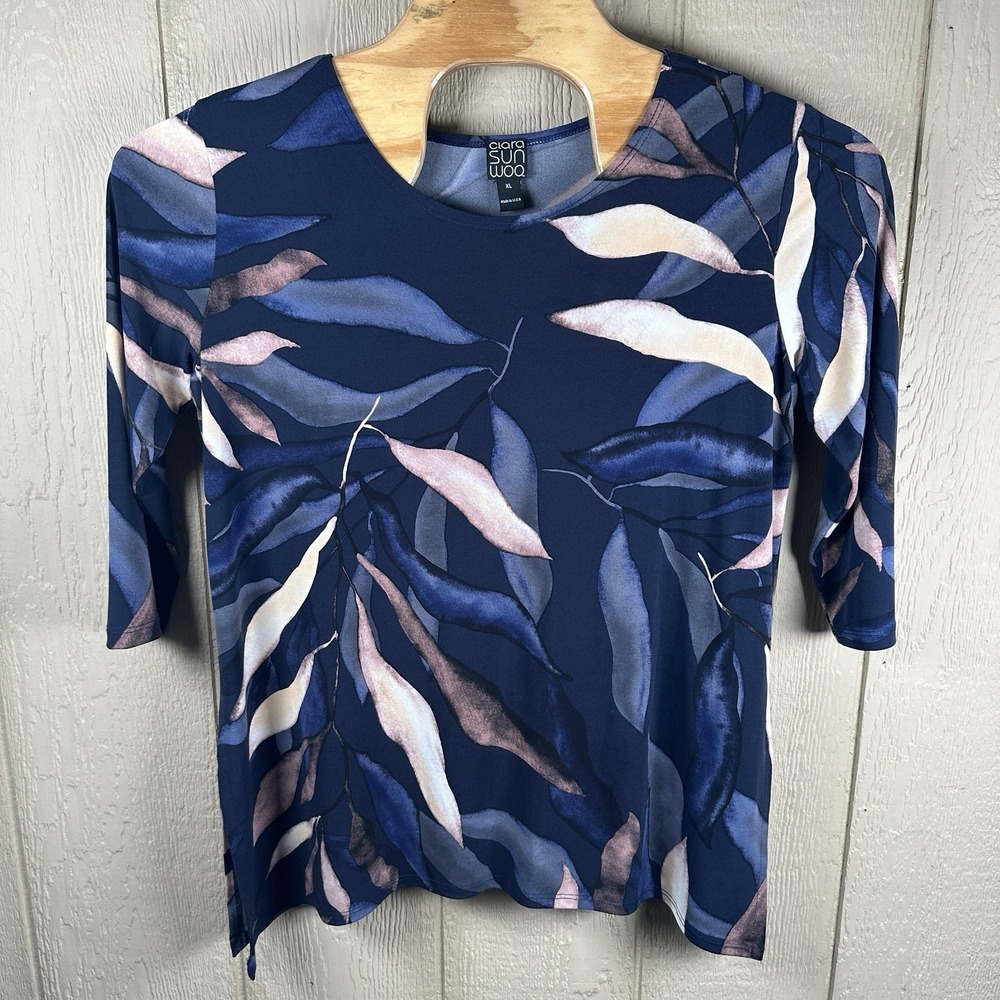 Clara Sun Woo Tunic Top Womens XL Blue Leaf Print 3/4 Sleeve Jersey Relaxed